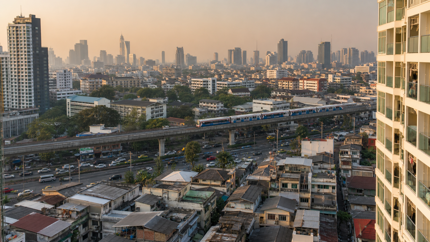 Bangkok neighborhoods, condominiums, streets, and rail transit