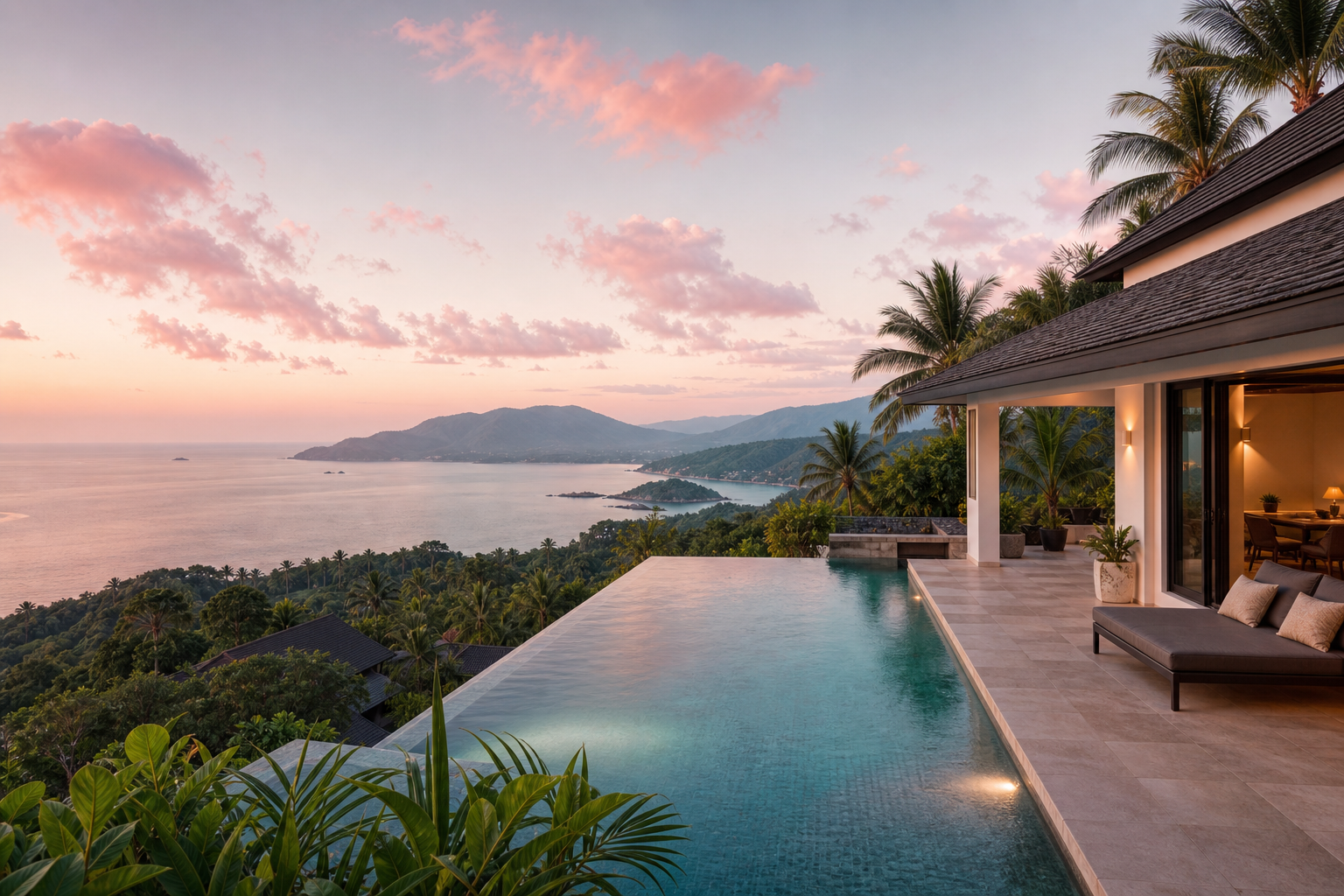 Hillside Koh Samui villa with an infinity pool overlooking the ocean at sunset